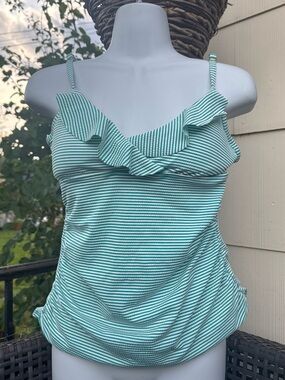 Ralph Lauren Green and White Striped Tank with Gold RL Plaque